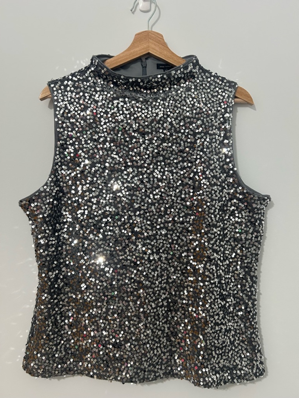 Ann Taylor Gray Sequin Sleeveless Mock Neck Top